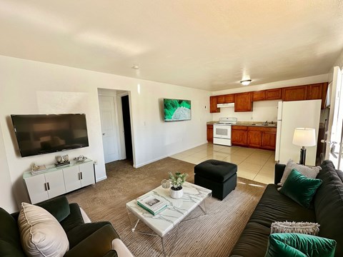 A living room with a black couch, a white coffee table, and a flat screen TV.