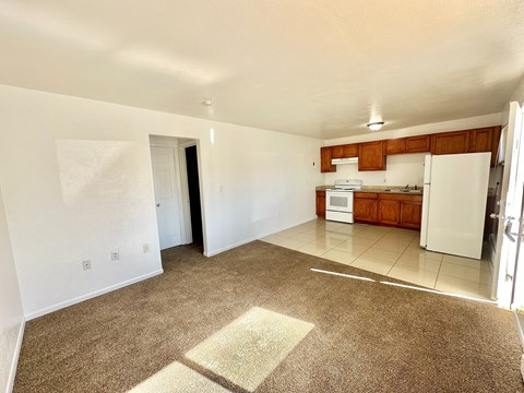 A room with a brown carpet and white walls.