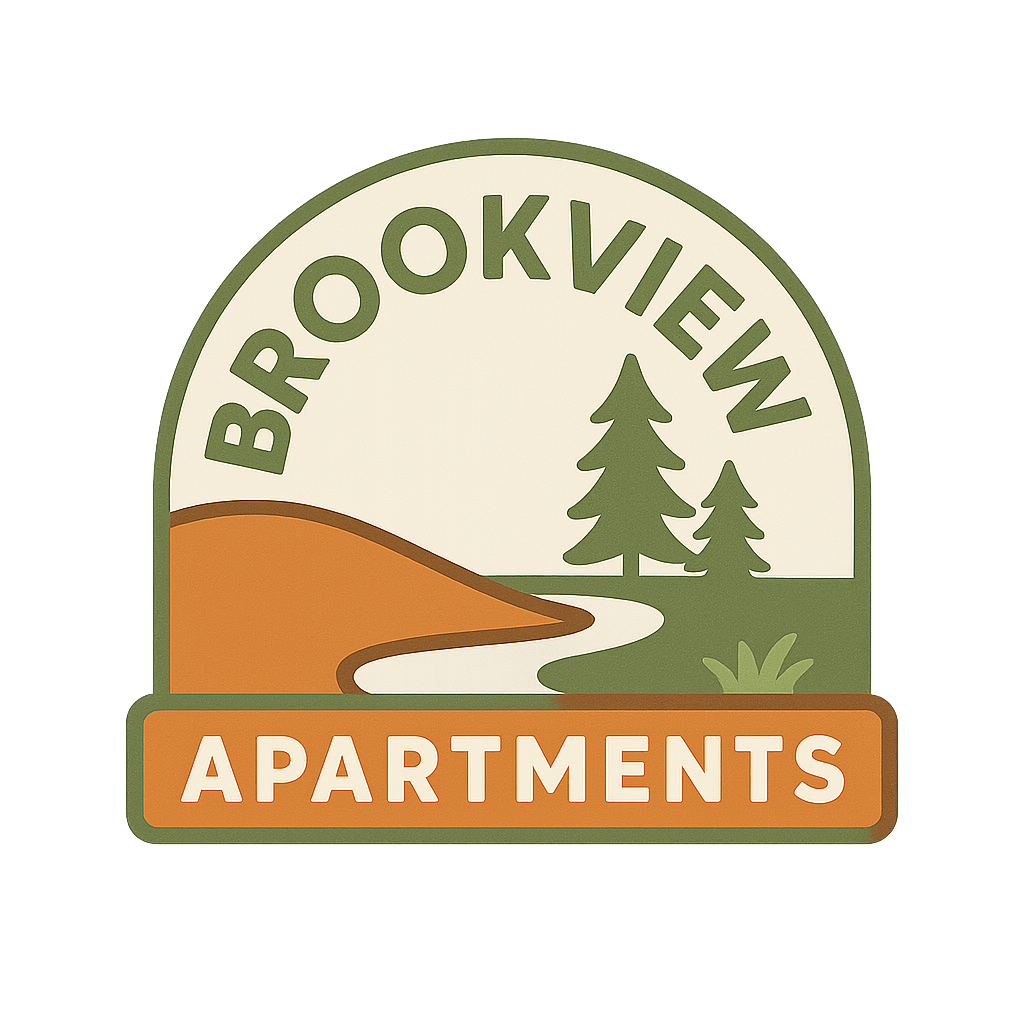 Brookview Apartments logo with a tree and a river.