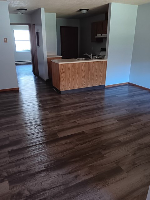 A room with a wooden floor and a counter.