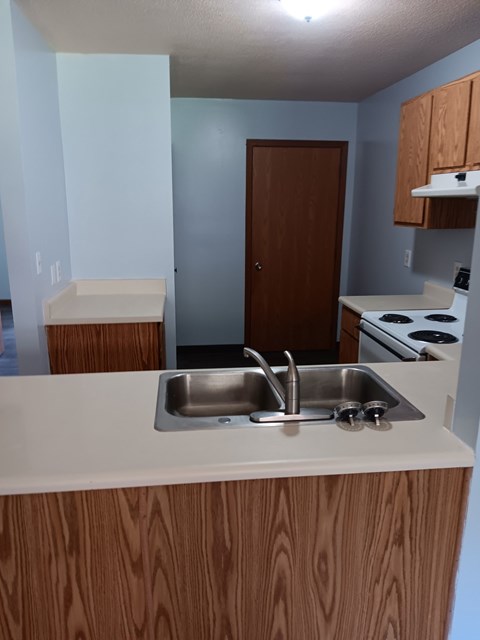 A kitchen with a sink and stove.