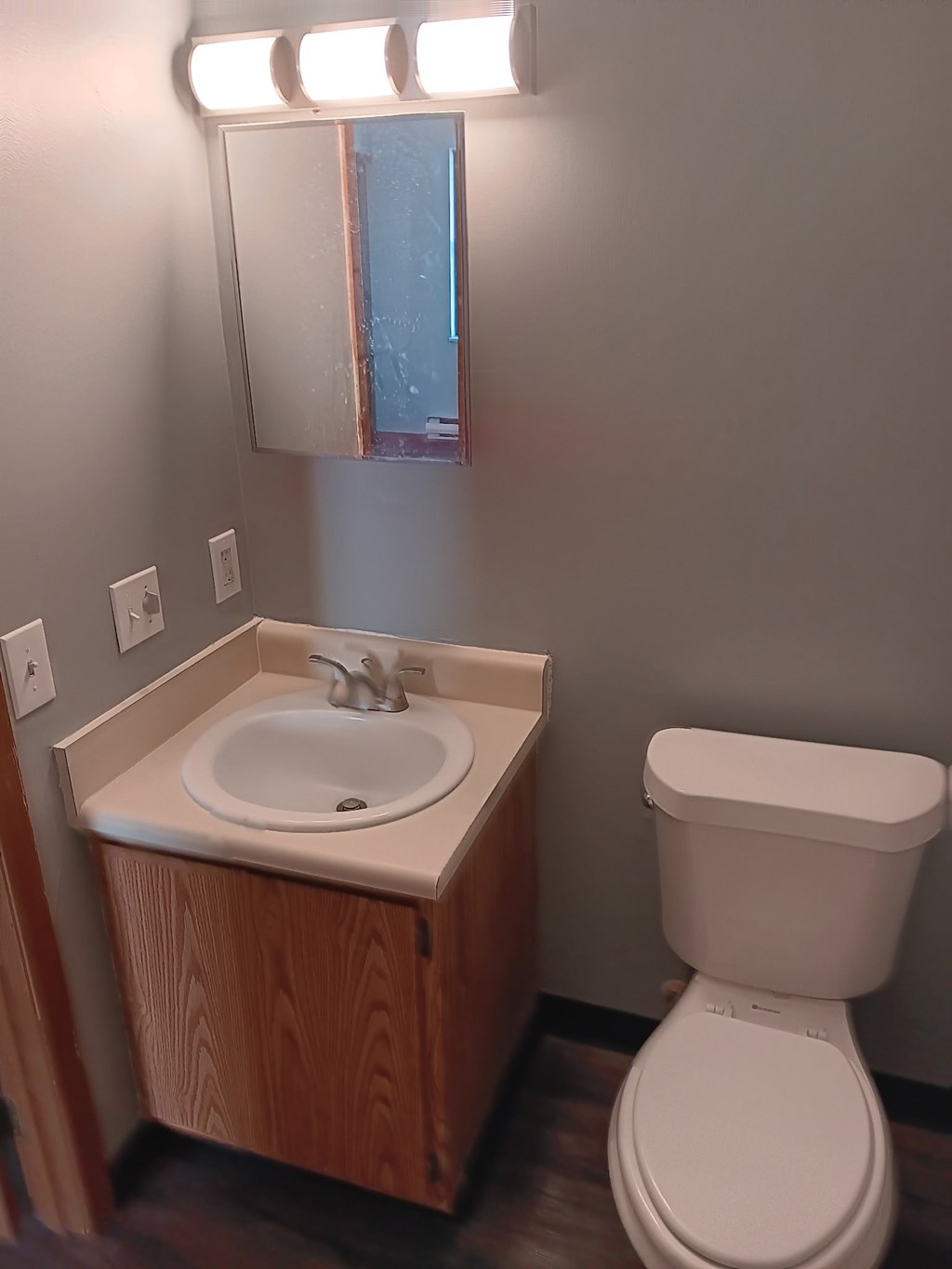 A white toilet sits next to a sink in a bathroom.
