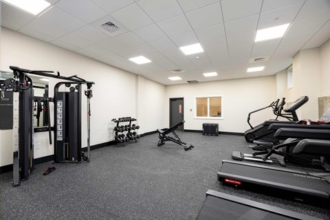 A gym with a variety of equipment including treadmills, weights, and exercise machines.