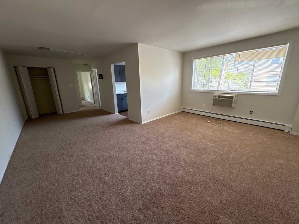 A room with a carpeted floor and a window with blinds.