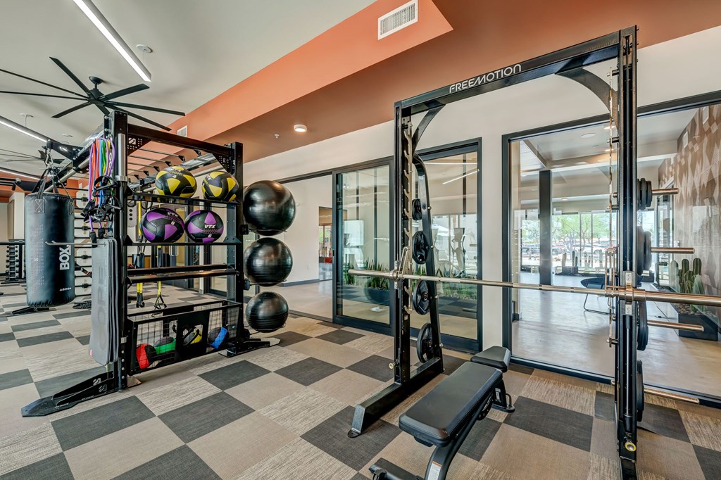 A gym with a weight rack, a bench and a mirror.