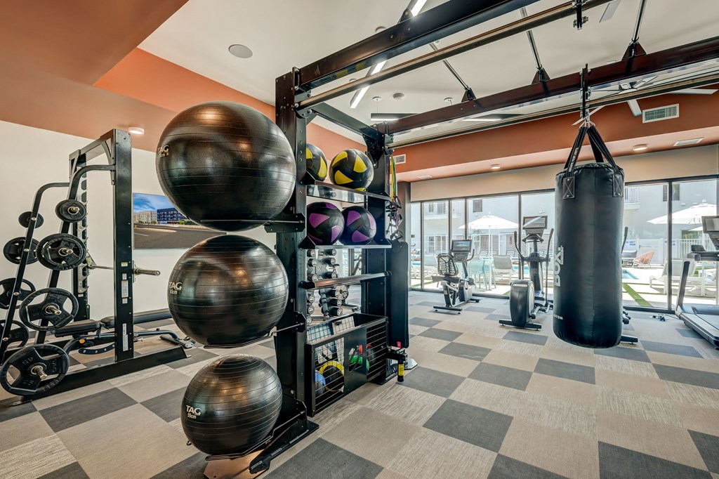 A gym with a variety of equipment including a punching bag.