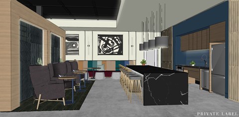 A modern living room with a black marble countertop and a large abstract painting on the wall.