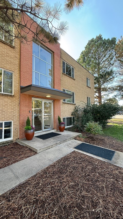 A large tree is in front of a brick apartment building.