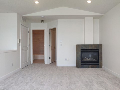 A living room with a fireplace and a carpeted floor.