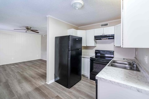 A black refrigerator stands in a kitchen with a white counter and a fan on the ceiling.