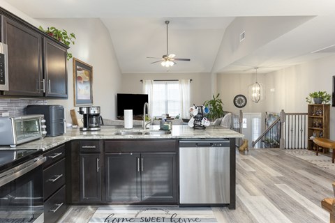 A kitchen with dark cabinets and a stainless steel dishwasher.