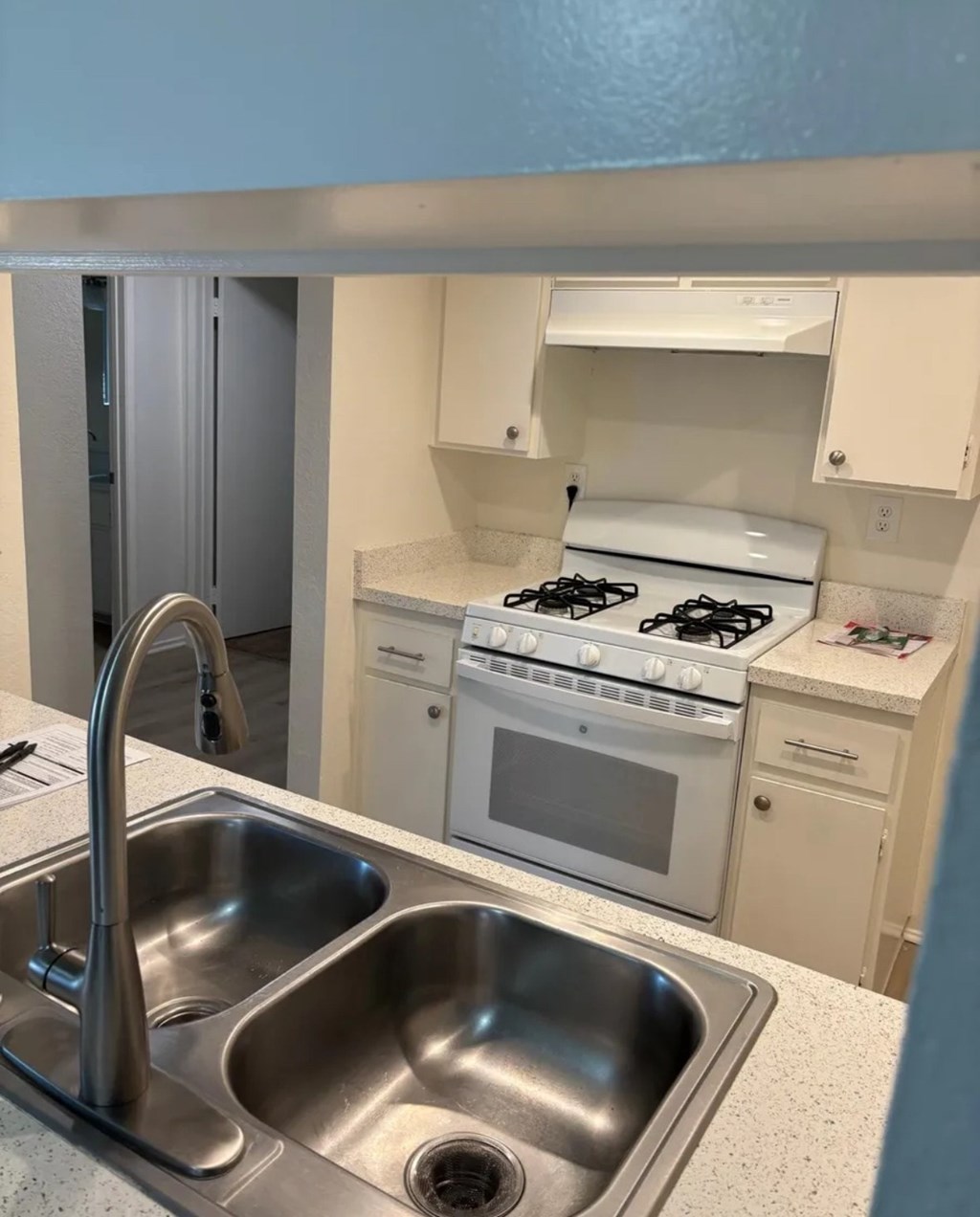 A kitchen with a stove, sink, and oven.
