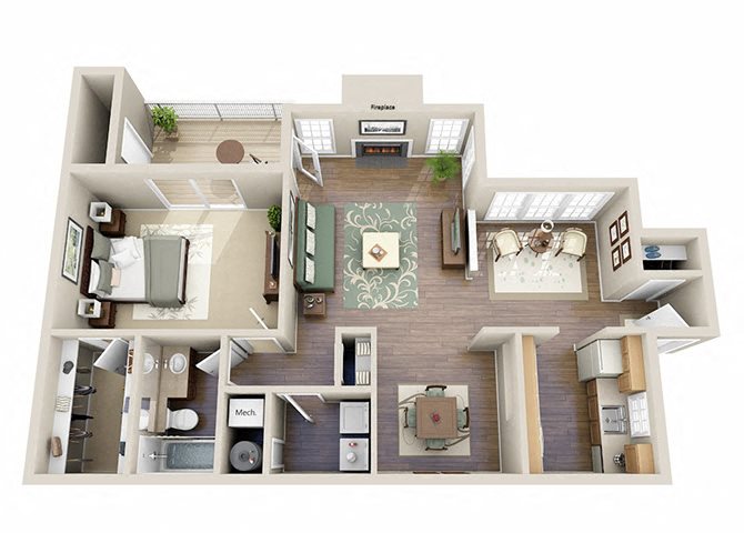 1 Bedroom 1 Bathroom Floor Plan at The Gardens Apartments