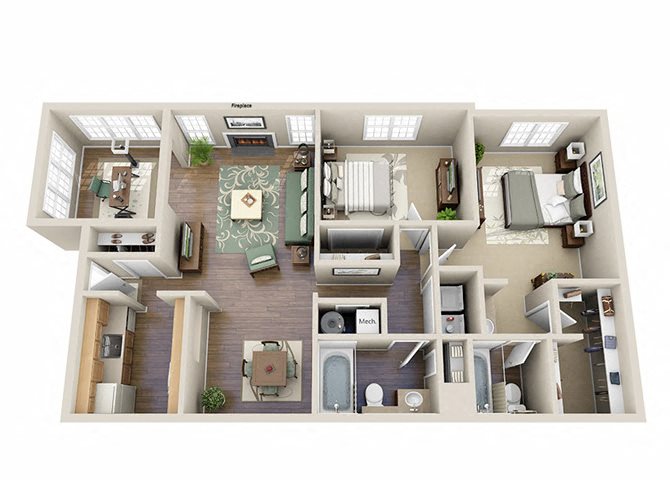 2 bedroom 2.5 Bathroom Floor Plan at The Gardens Apartments