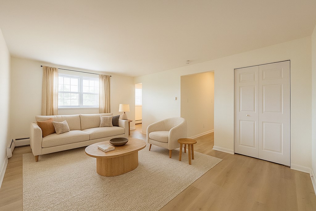 A living room with a white couch, a wooden coffee table, and a white door.