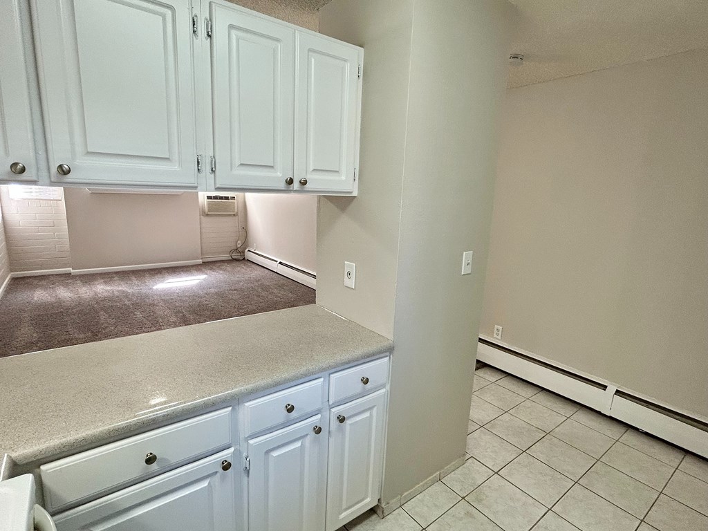 A kitchen with white cabinets and a countertop.