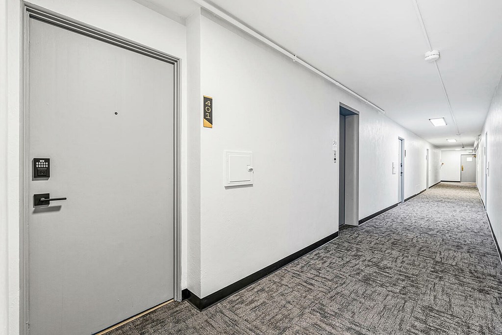 A hallway with a carpeted floor and white walls.