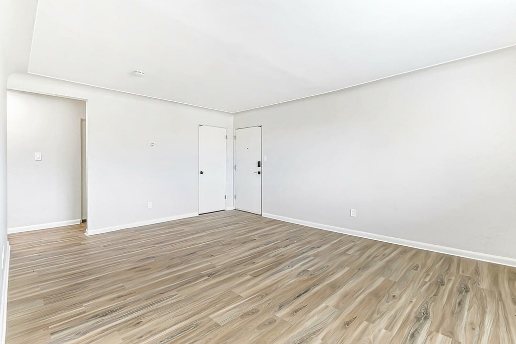 A room with white walls and wooden flooring with two doors.