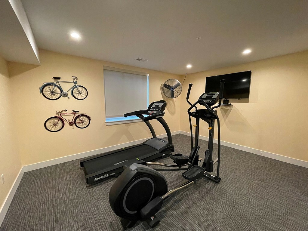 A home gym with a treadmill, stationary bike, and a television.