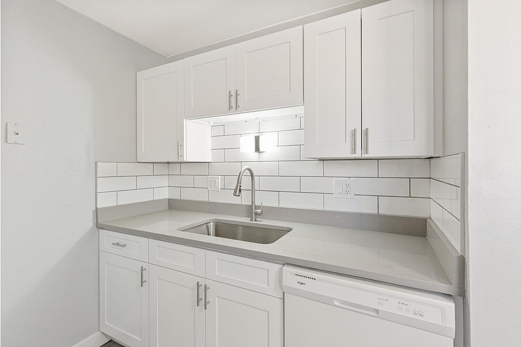 A white kitchen with a sink and a dishwasher.