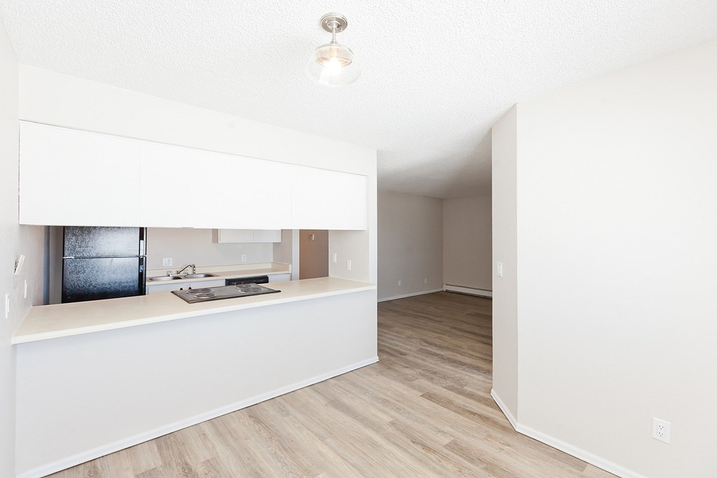 A white kitchen with a refrigerator and a countertop.