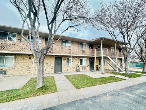 Apartment building with a tree in front.