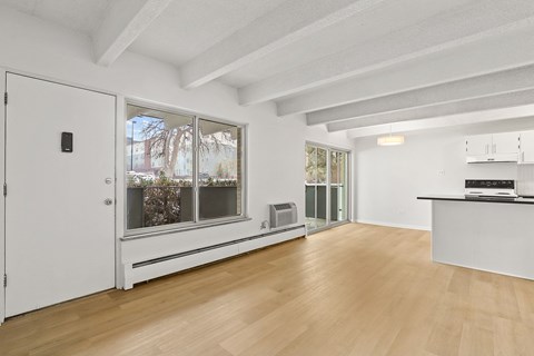 A white room with a wooden floor and a window with a view of trees outside.