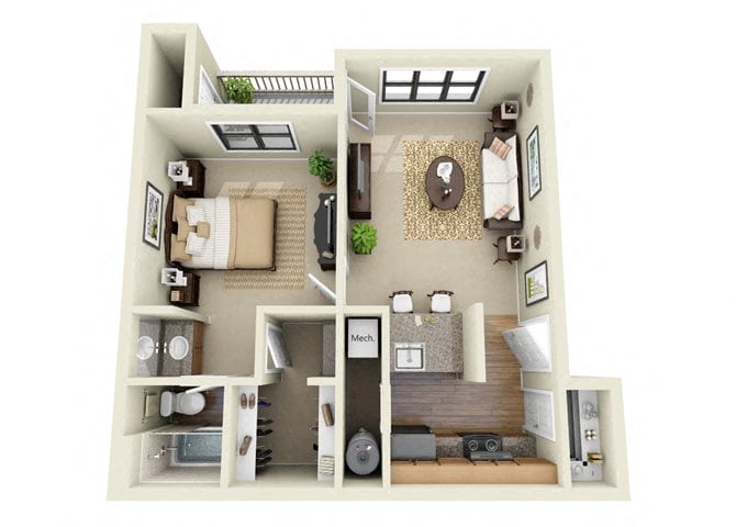 2 Bedroom 2 Bathroom Floor Plan at Park Trace Apartments
