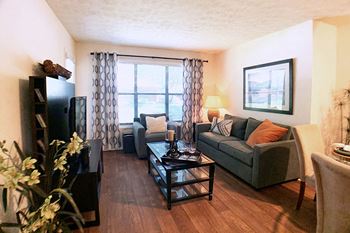 Spacious Living Room with Faux Wood Flooring at Norcross Apartments Near Me