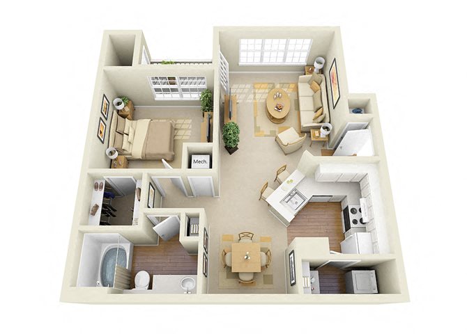 1 Bedroom 1 Bathroom Floor Plan at Glen Park Apartments
