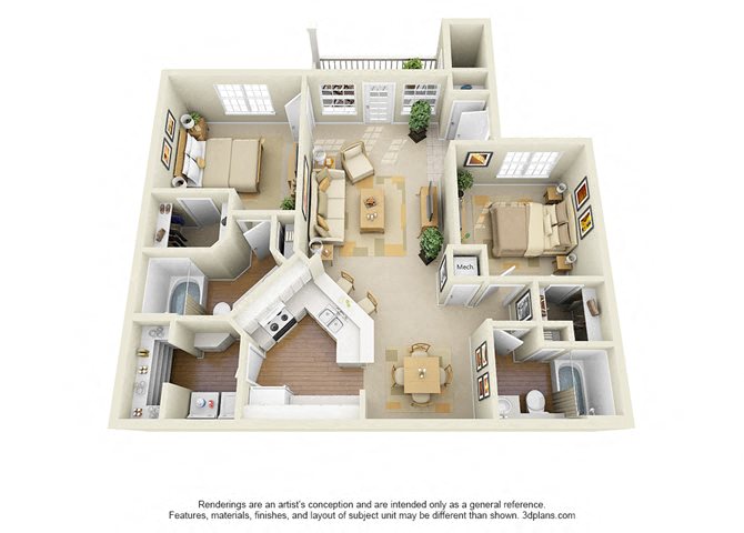 2 Bedroom 2 Bathroom Floor Plan at Glen Park Apartments