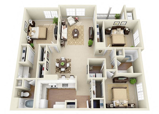 3 Bedroom 2 Bathroom Floor Plan at Glen Park Apartments