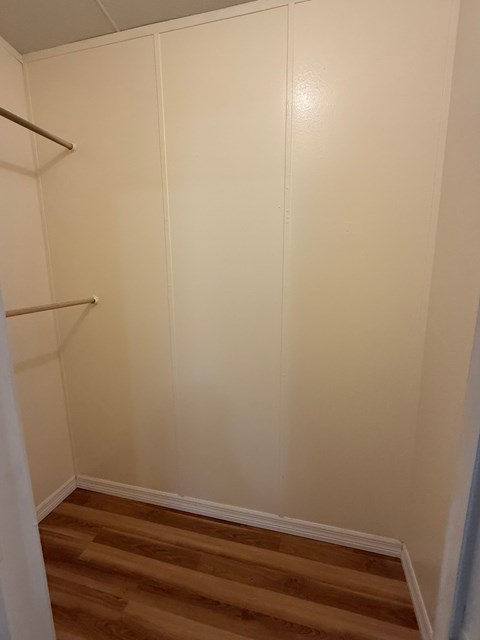 A white closet with a wooden shelf and a wooden floor.