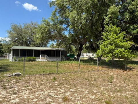 A house with a green roof is surrounded by trees and a fence.
