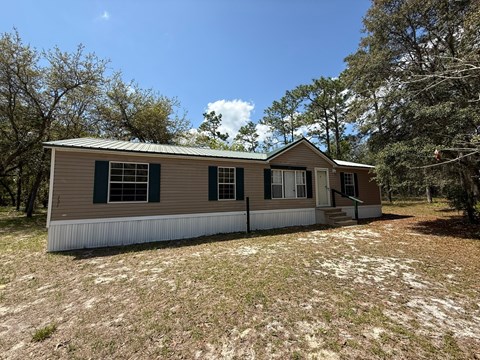 A house with a metal roof and green shutters sits in a grassy field.