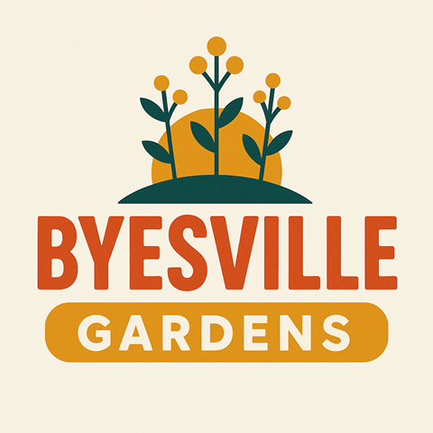 The image is a logo for Byesville Gardens, featuring a stylized plant with orange flowers and a sun in the background.