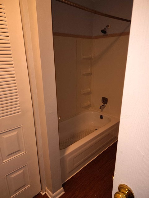 A white door with a gold handle is open to a bathroom with a white tub and shower.