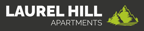 The image is a logo for Laurel Hill Apartments, featuring a mountain graphic.