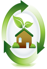 A green house with a leaf on the roof is in the center of a circular arrow.