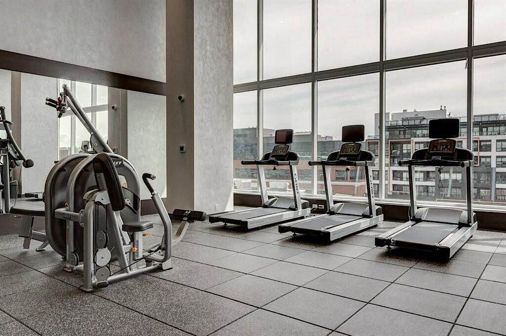 A gym with treadmills, elliptical machines, and a weight machine.