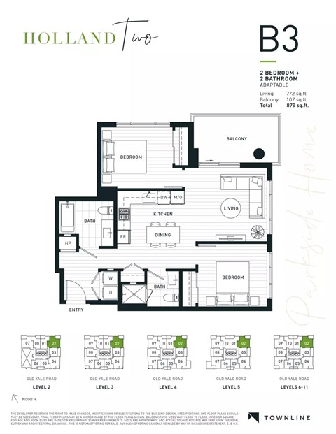 A floor plan for a property called Holland Two B3, which includes a living area, two bedrooms, a bathroom, a kitchen, and a dining area.