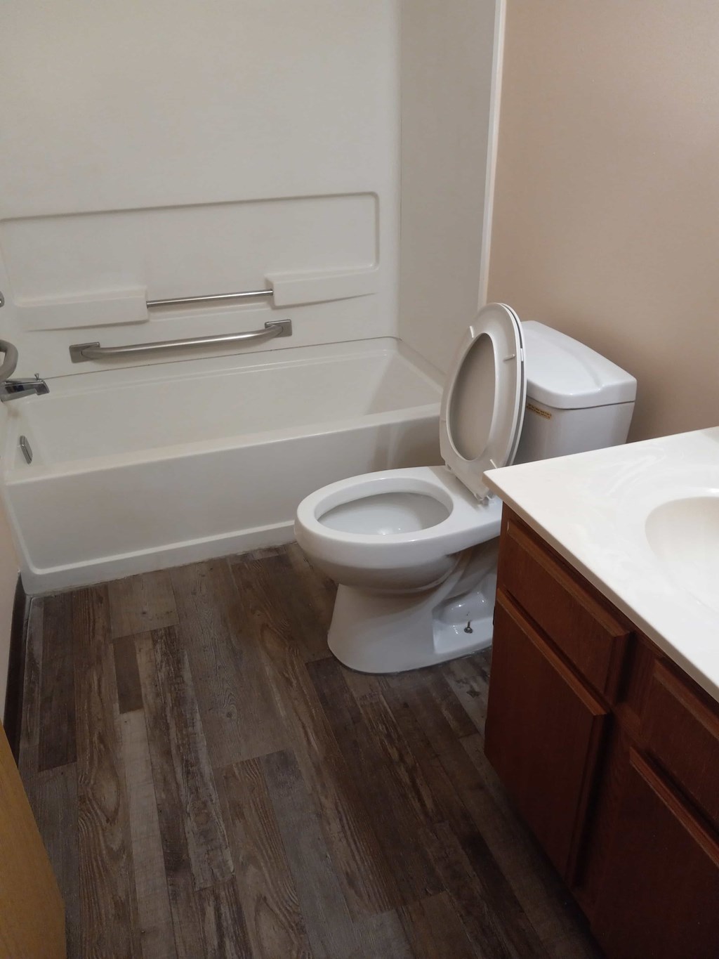 A white toilet sits in a bathroom next to a sink.