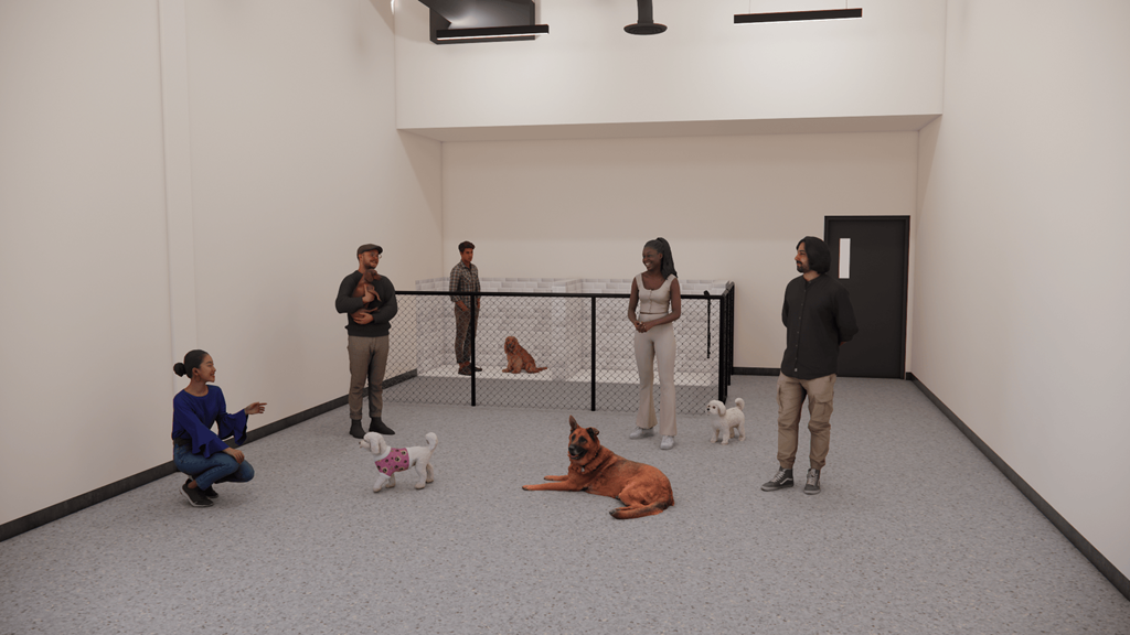 A group of people standing in a room with a dog on the floor.