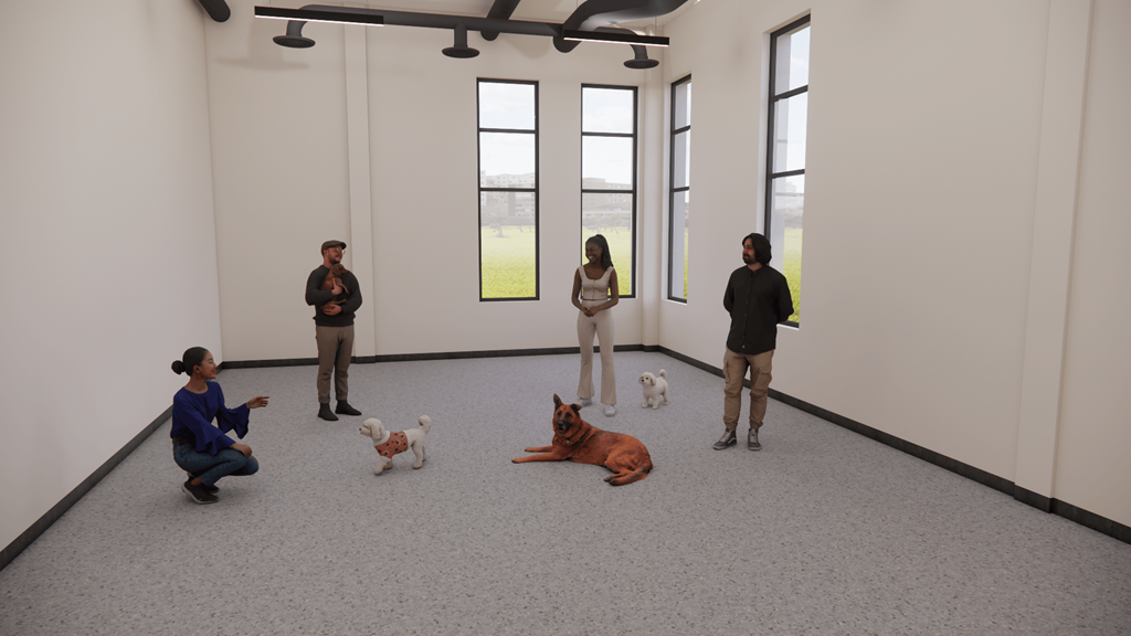 A group of people standing in a room with a dog.