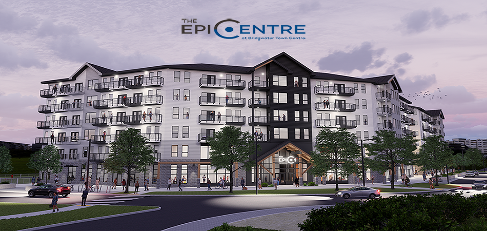 The EPICENTRE is a modern apartment building with a spacious entrance and multiple balconies.