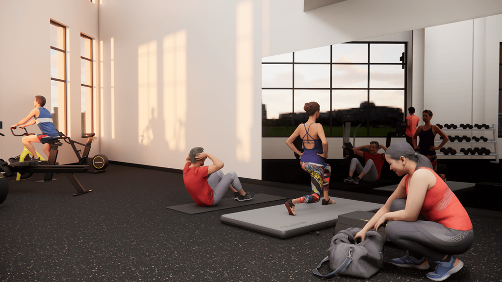 A group of people are working out in a gym with exercise equipment.