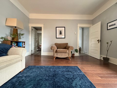 A living room with a blue rug and a beige armchair.