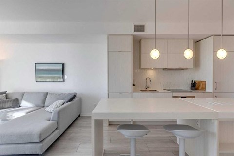 A modern living room with a grey sofa and a white kitchen area.