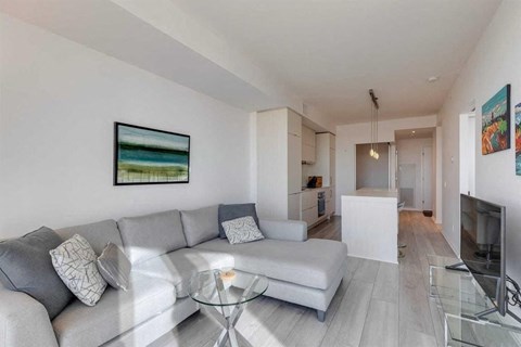 A living room with a grey couch and a glass coffee table.