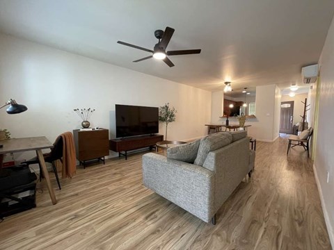 A living room with a grey couch and wooden floors.